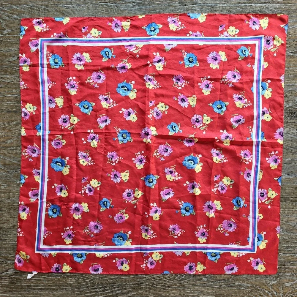 Vintage Glentex Italy Red Floral Square Scarf Neckerchief Striped Border Print